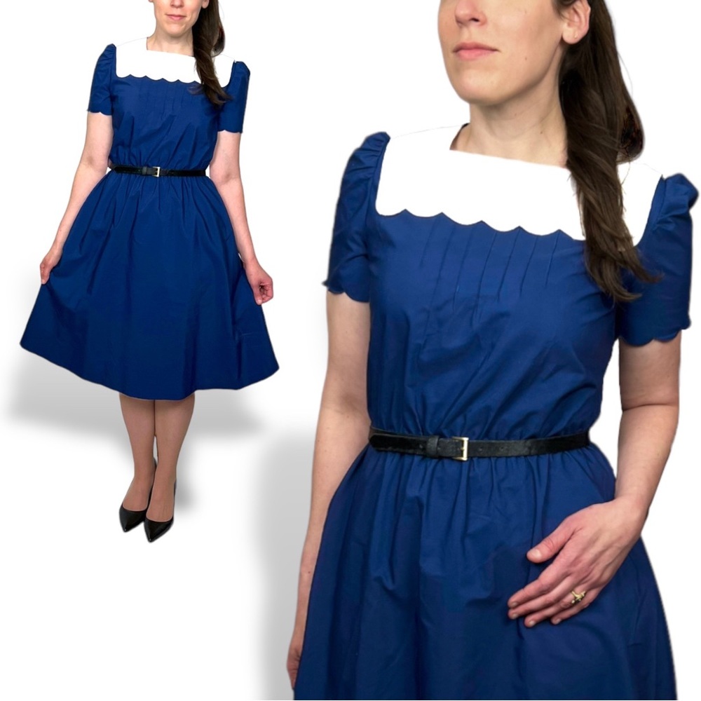 SOLD Simple Sweet 70s 80s Vintage M/L Blue Dress White Bib Collar Lolita